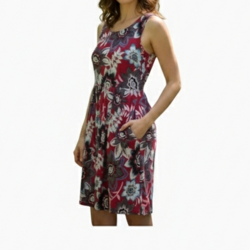 Talbots Petites Red Floral Sleeveless Fit & Flare Dress Size 2P Pockets